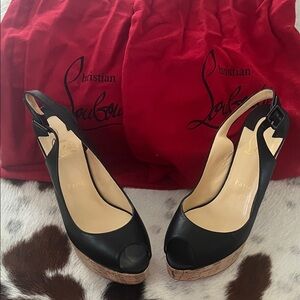 Christian Louboutin Black Leather Peep-Toe Cork Platform Slingback